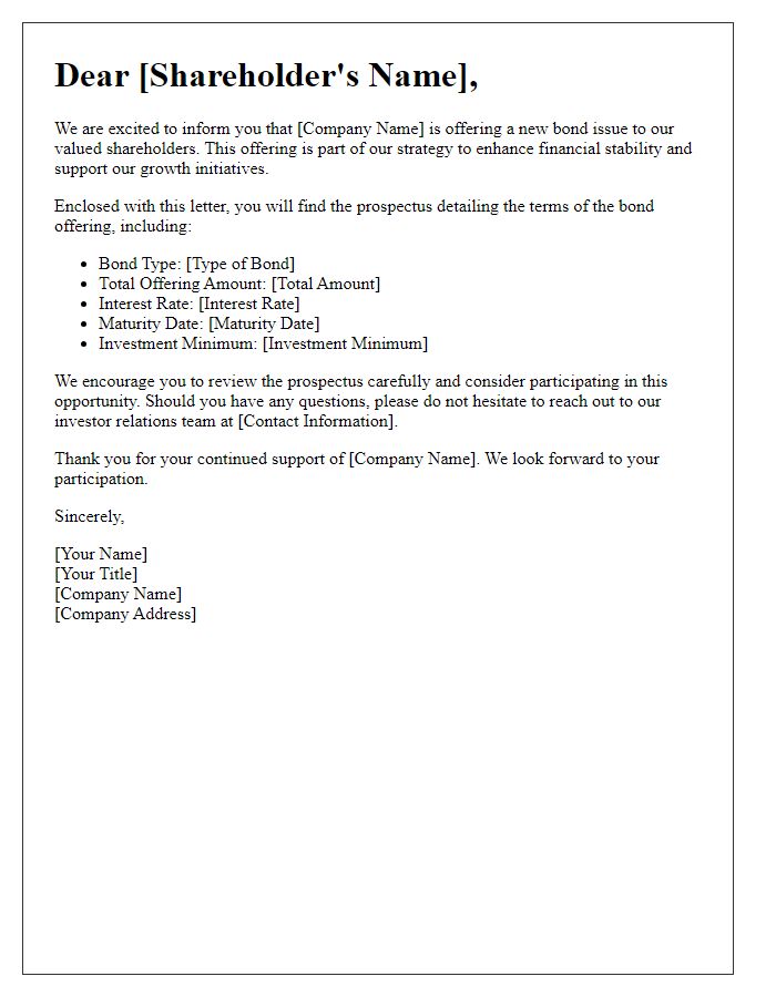 Letter template of bond offering prospectus distribution to shareholders