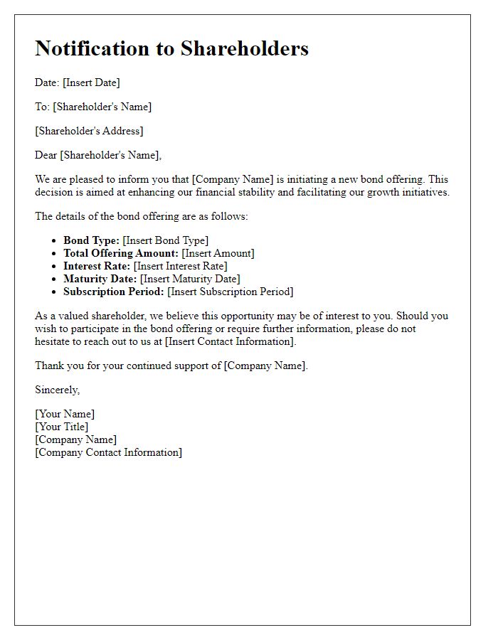 Letter template of shareholder notification regarding new bond offering