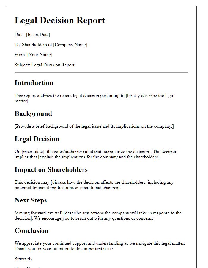 Letter template of legal decision report for shareholders