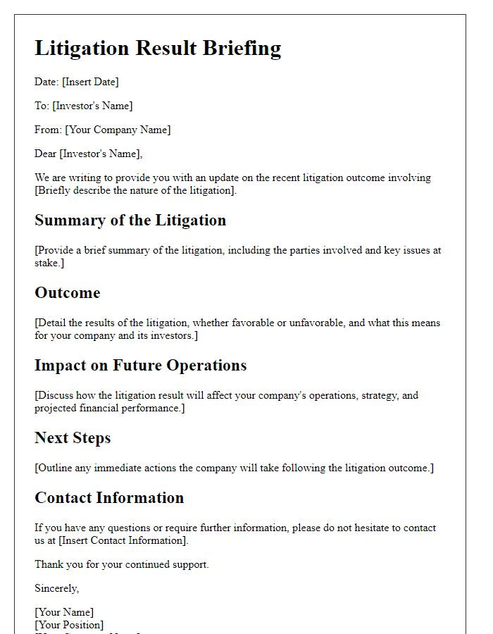 Letter template of litigation result briefing for investors