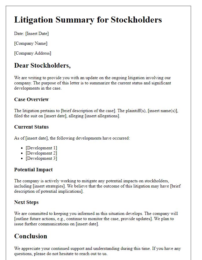 Letter template of litigation summary for stockholders