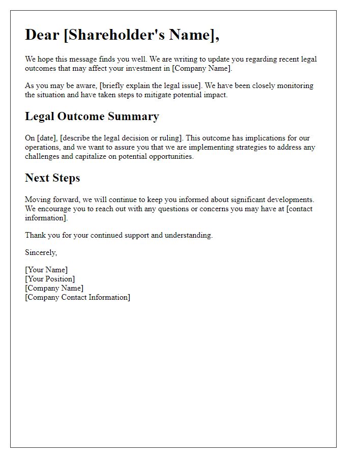 Letter template of shareholder information on legal outcomes