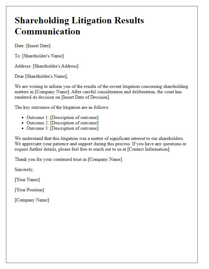 Letter template of shareholding litigation results communication