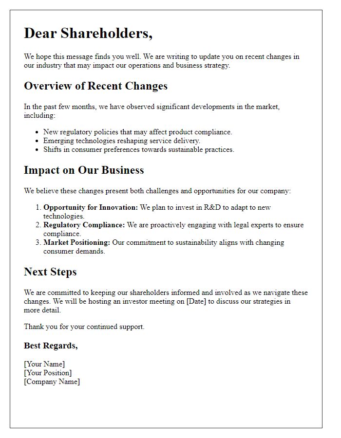 Letter template of Shareholder Update on Recent Industry Changes