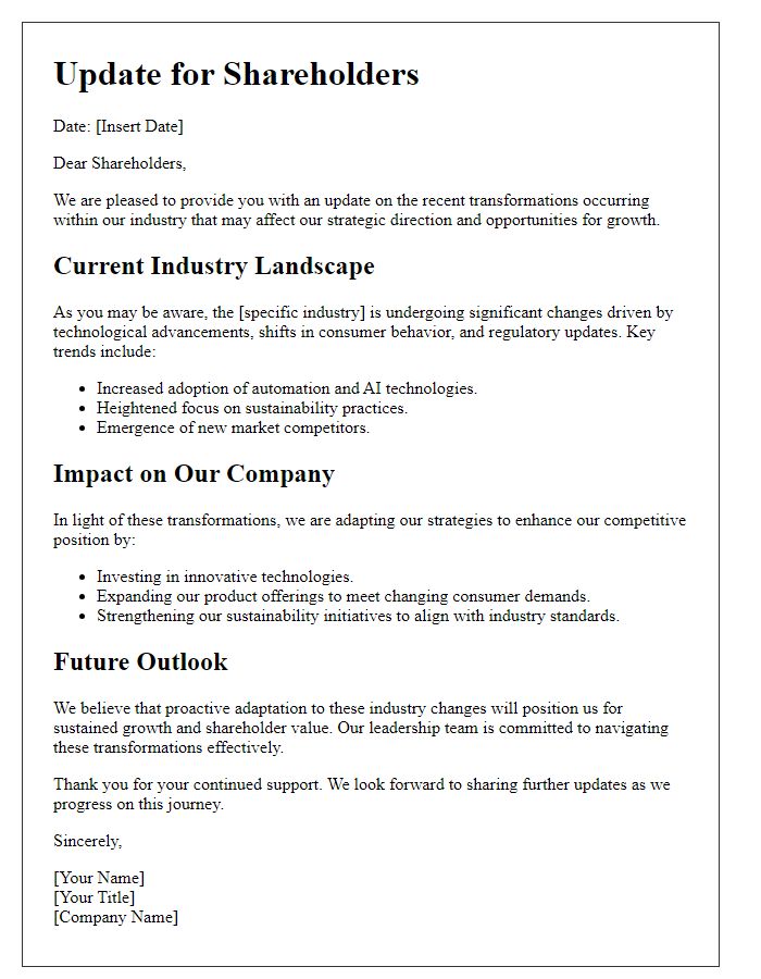 Letter template of Update for Shareholders on Industry Transformations