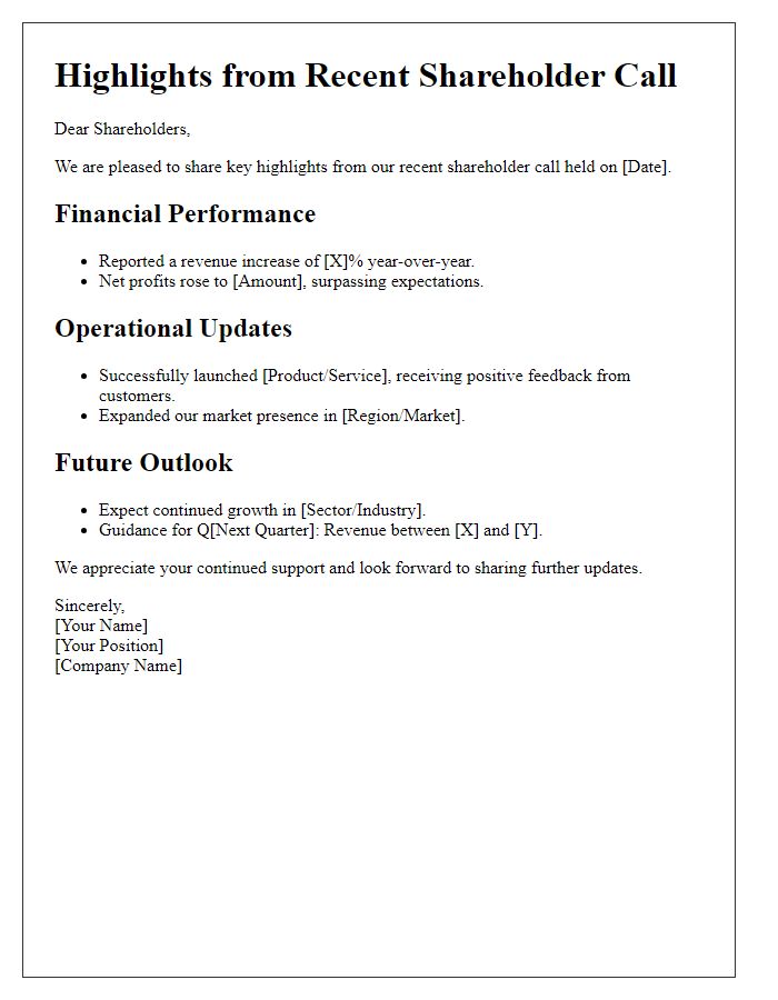 Letter template of highlights from recent shareholder call