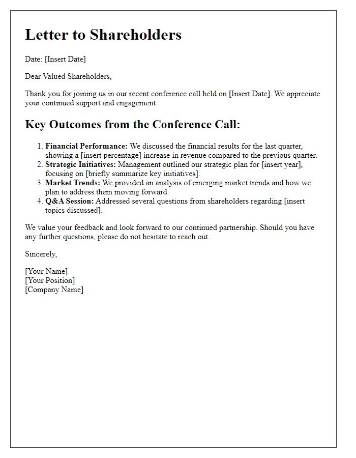 Letter template of outcomes from shareholder conference call