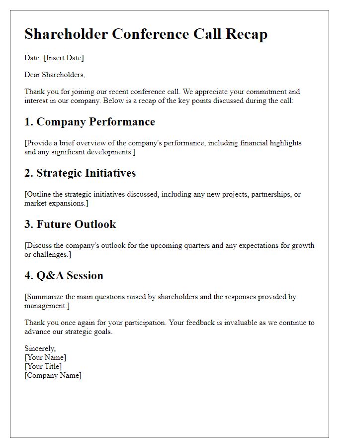 Letter template of recap for shareholder conference call