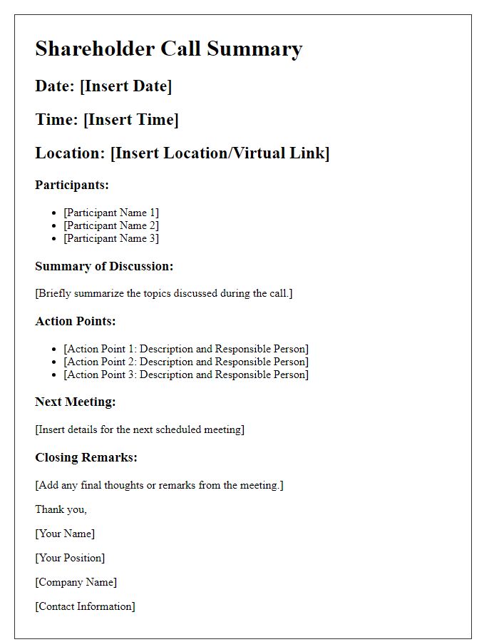 Letter template of shareholder call summary and action points