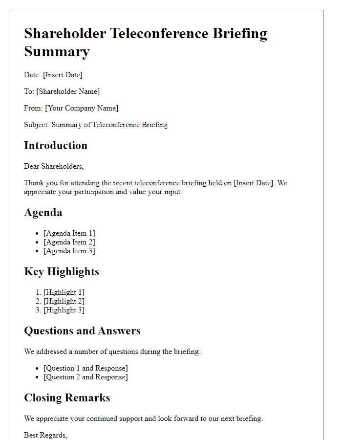 Letter template of shareholder teleconference briefing summary