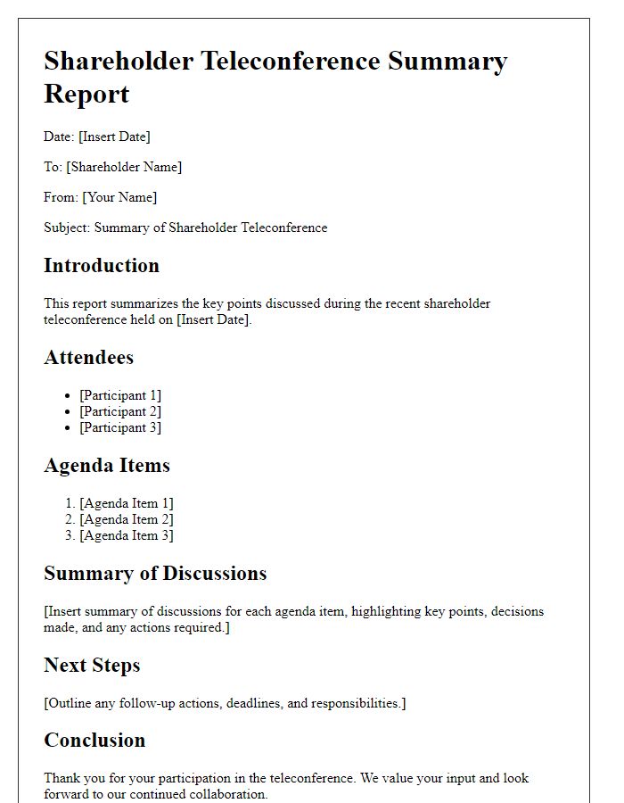 Letter template of shareholder teleconference summary report