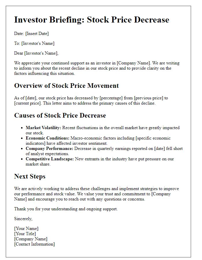 Letter template of investor briefing on causes of stock price decrease.