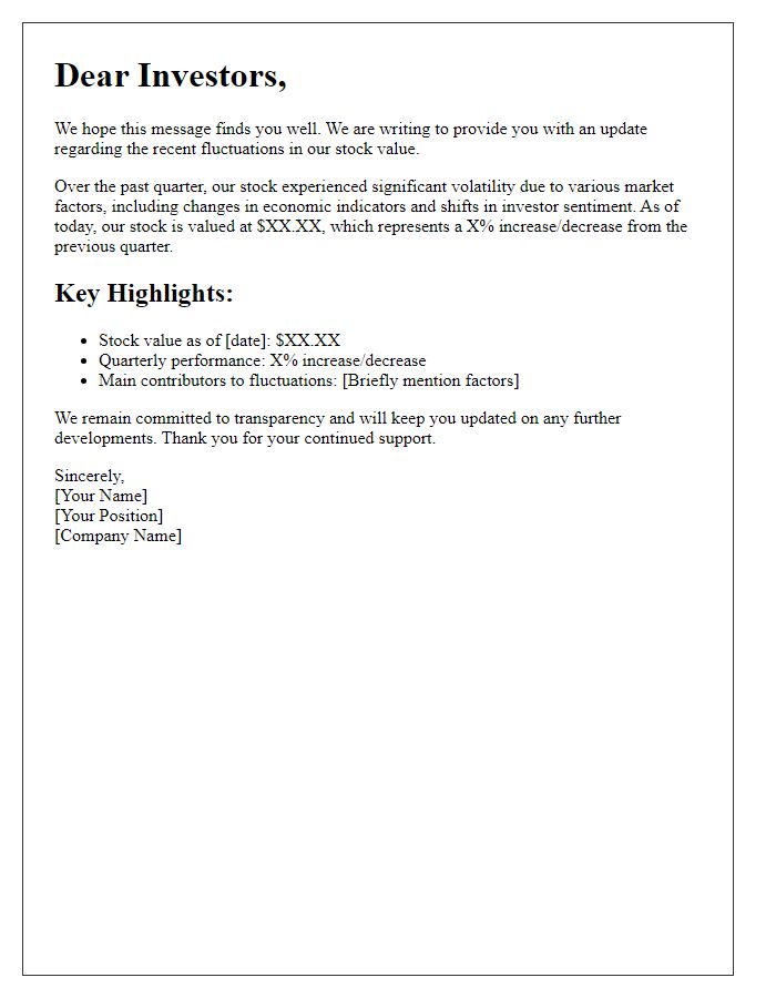 Letter template of update on stock value fluctuations for investors.