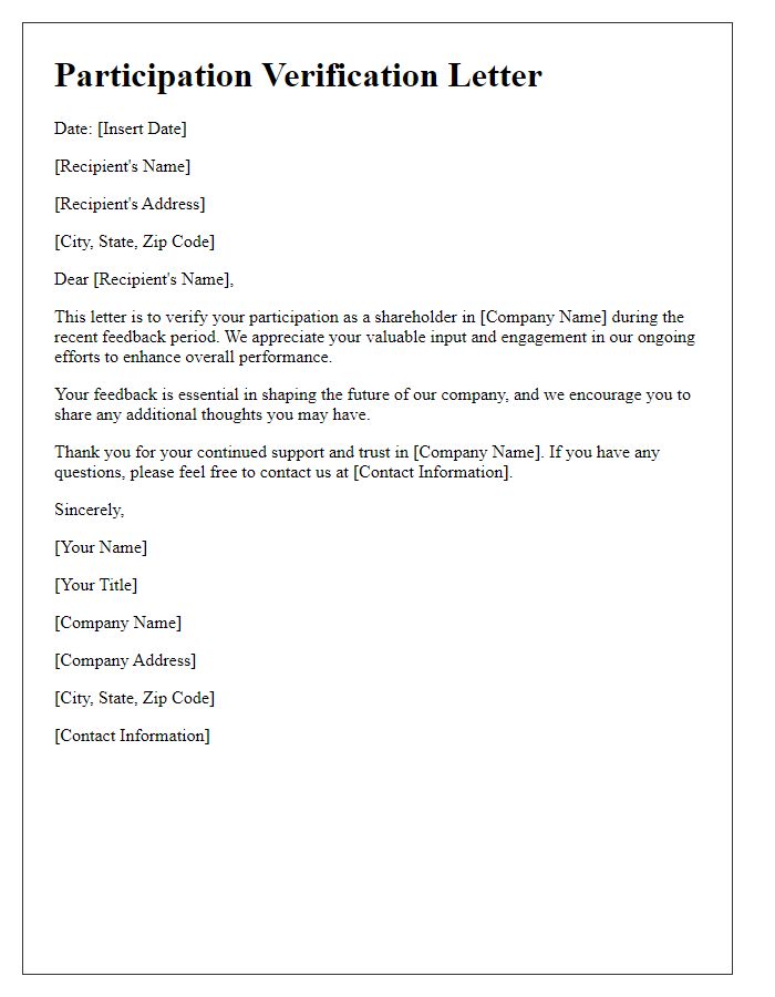 Letter template of participation verification for shareholder feedback.