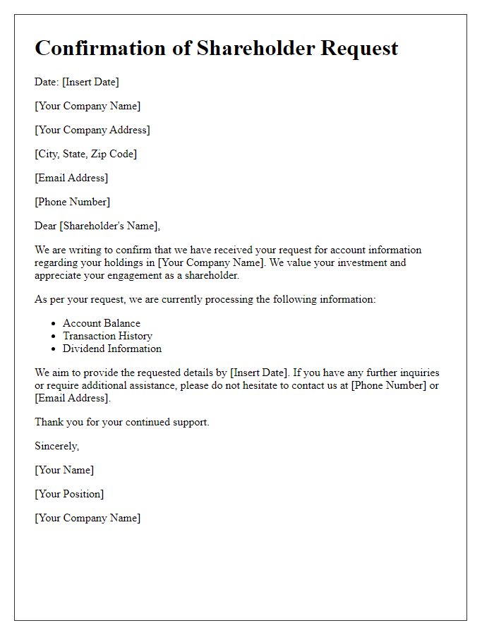 Letter template of confirmation for shareholder request concerning account information.