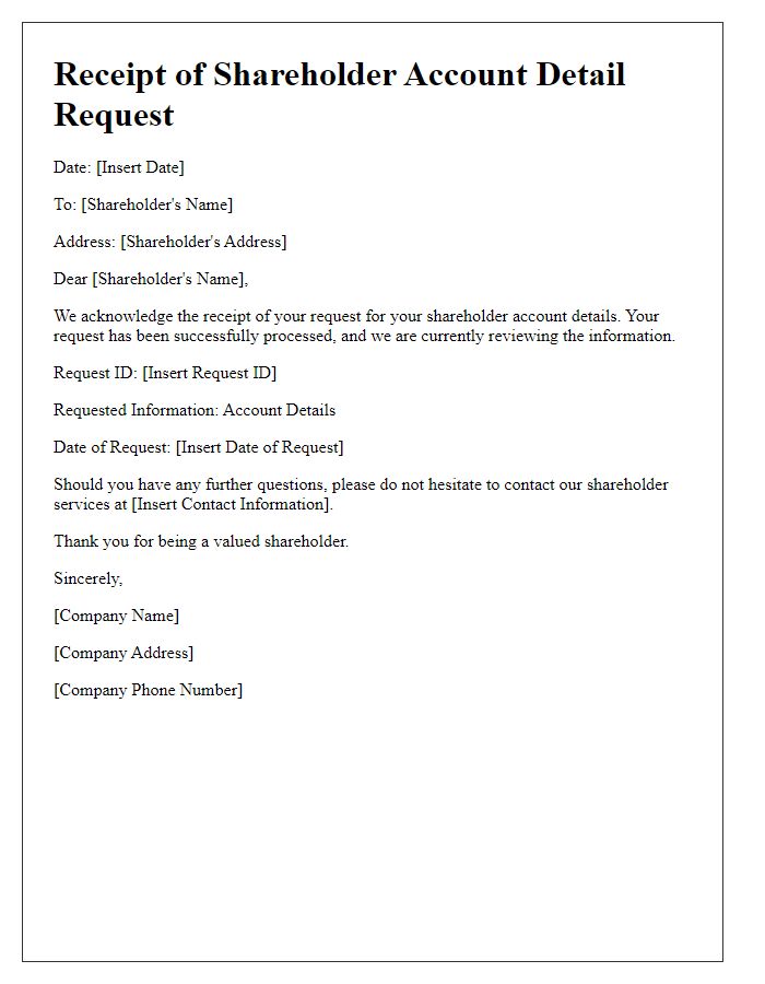 Letter template of receipt for shareholder's account detail request.