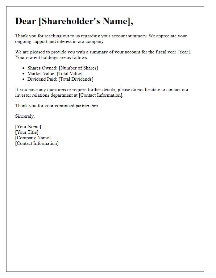 Letter template of reply to shareholders requesting account summary.