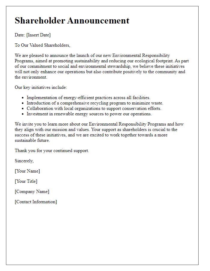 Letter template of shareholder announcement for environmental responsibility programs.