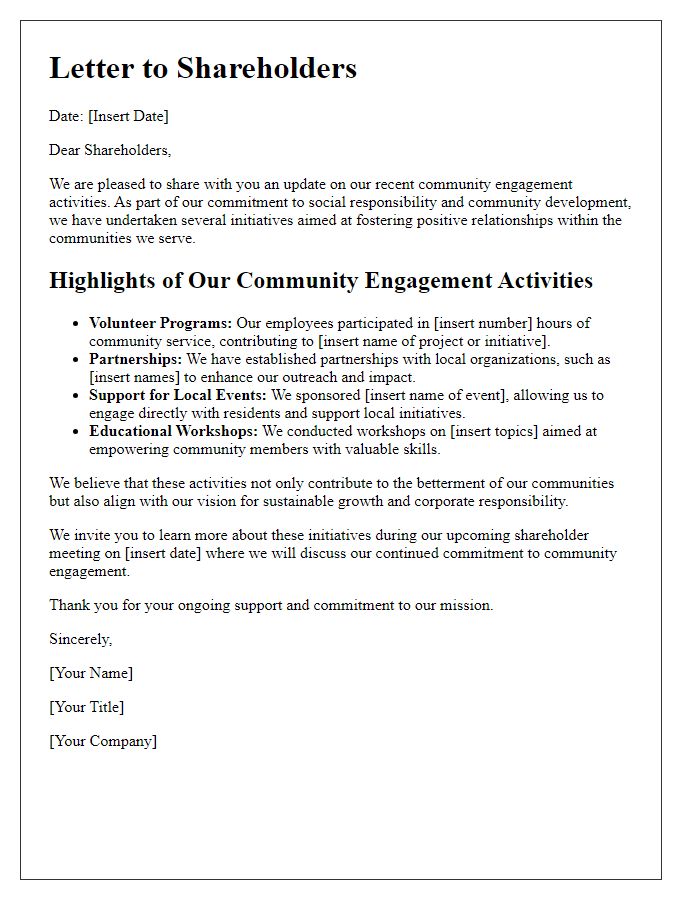 Letter template of shareholder briefing on community engagement activities.