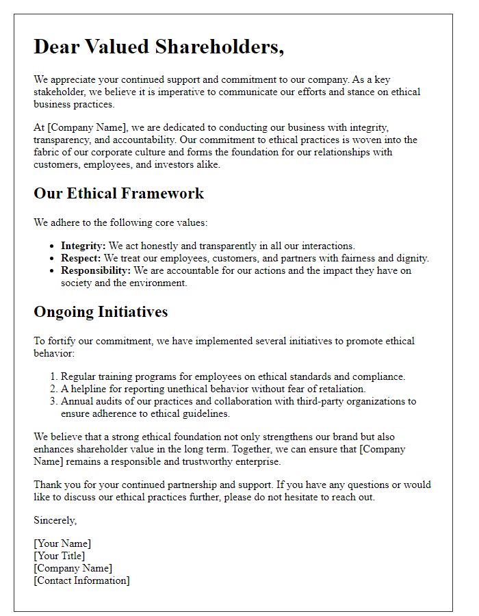 Letter template of shareholder communication on ethical business practices.