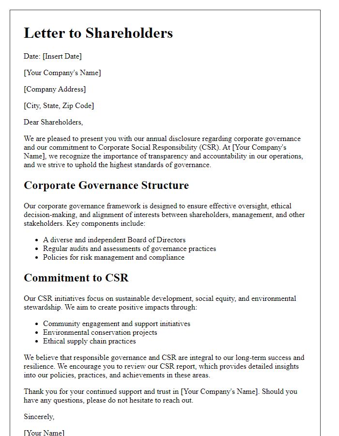 Letter template of shareholder disclosure about corporate governance in CSR.