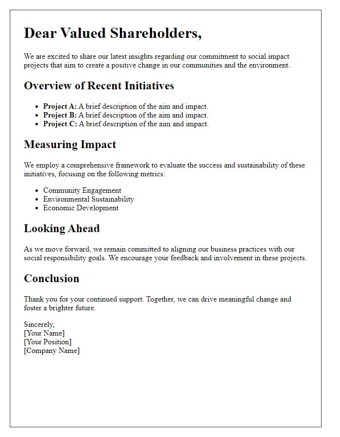 Letter template of shareholder insights into social impact projects.