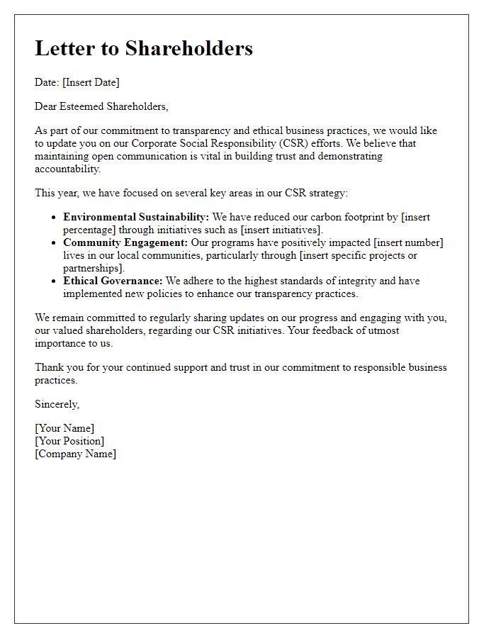 Letter template of shareholder message on transparency in CSR commitments.