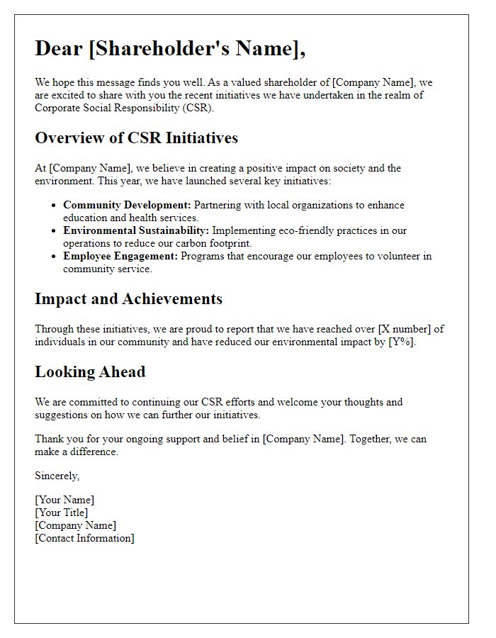 Letter template of shareholder notification regarding CSR initiatives.