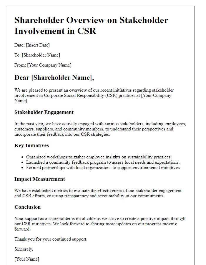 Letter template of shareholder overview on stakeholder involvement in CSR.