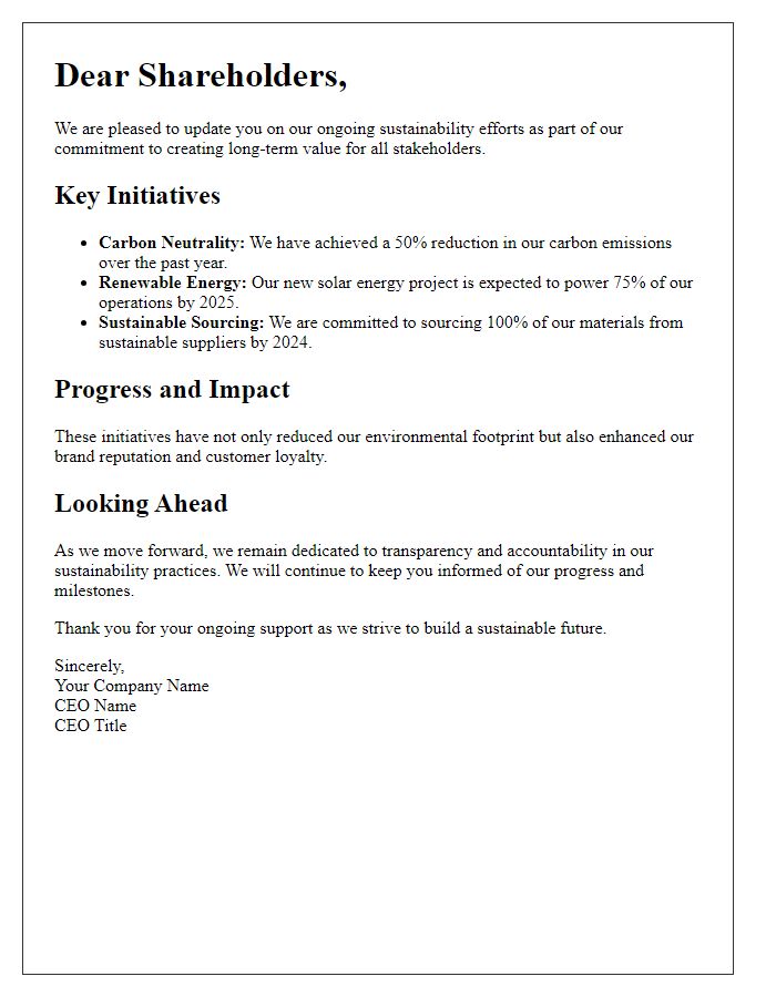 Letter template of shareholder update on sustainability efforts.