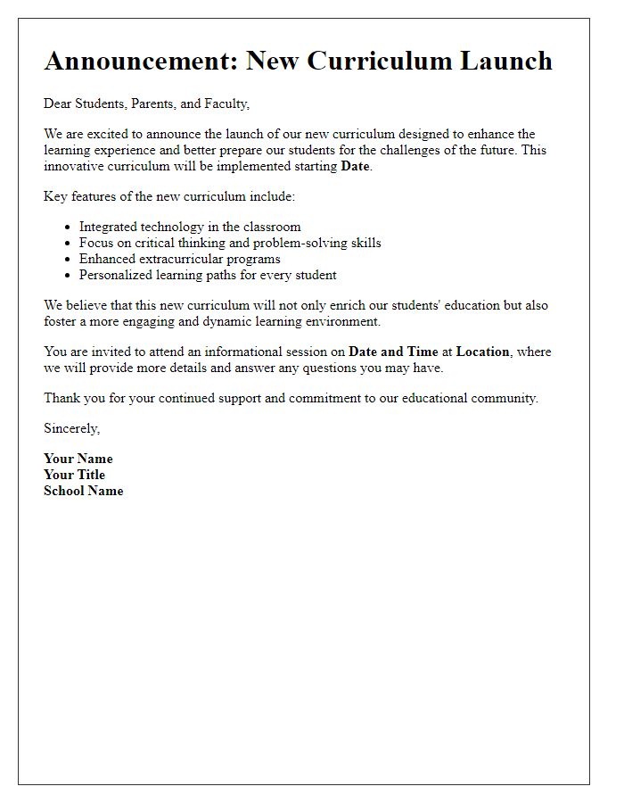 Letter template of Announcement for New Curriculum Launch