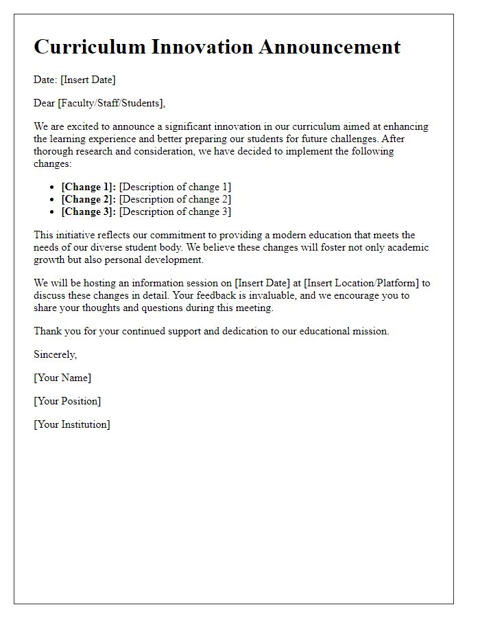 Letter template of Curriculum Innovation Announcement