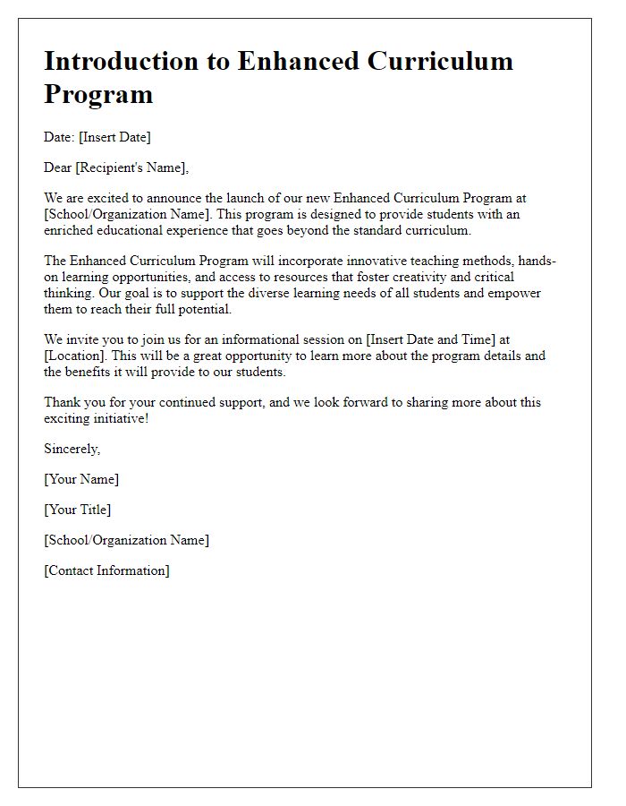 Letter template of Introduction to Enhanced Curriculum Program