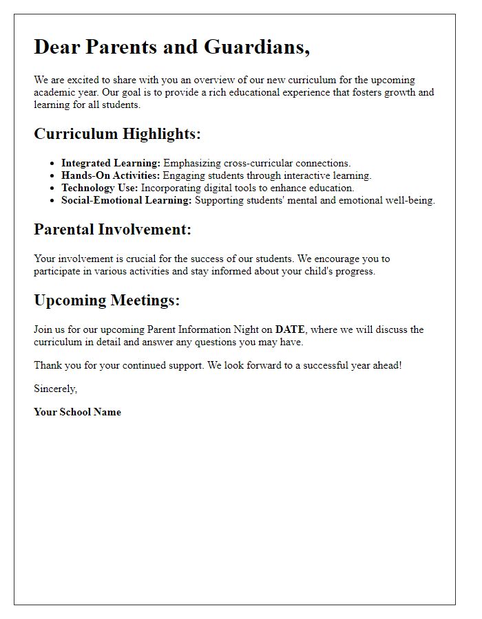 Letter template of New Curriculum Overview for Parents