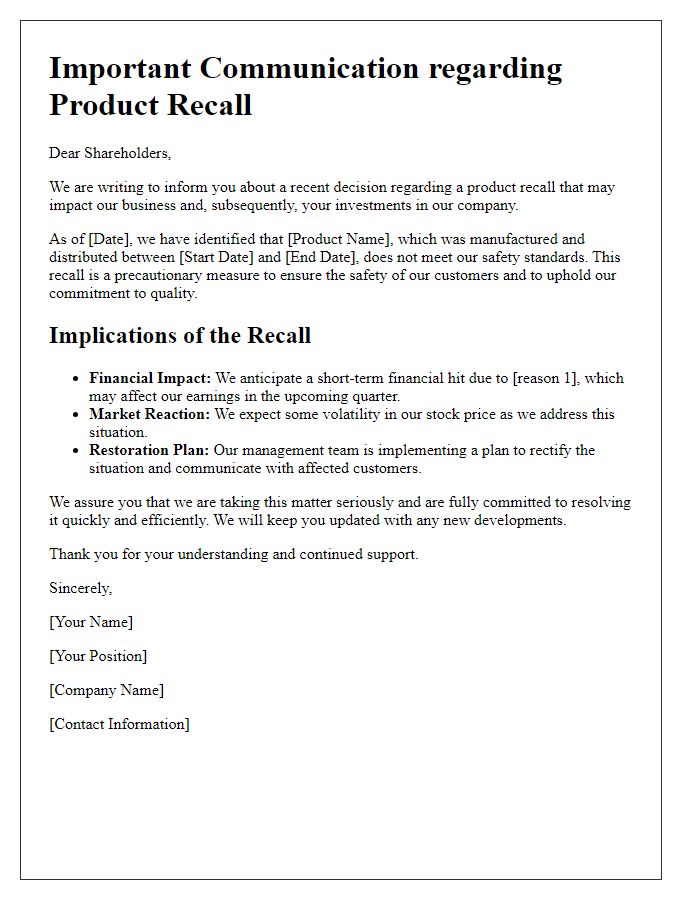 Letter template of communication on product recall implications for shareholders