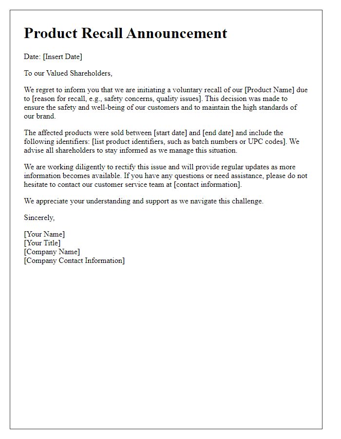 Letter template of product recall announcement for shareholders