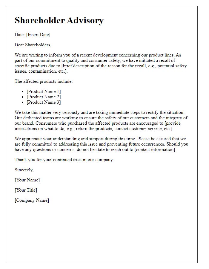 Letter template of shareholder advisory on recent product recalls