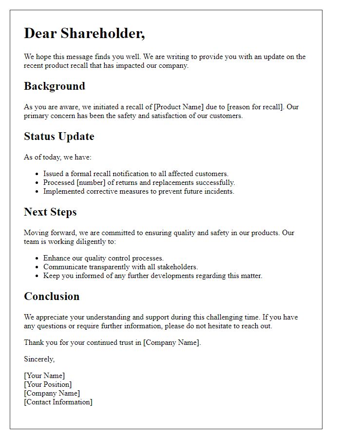 Letter template of shareholder briefing on product recall status