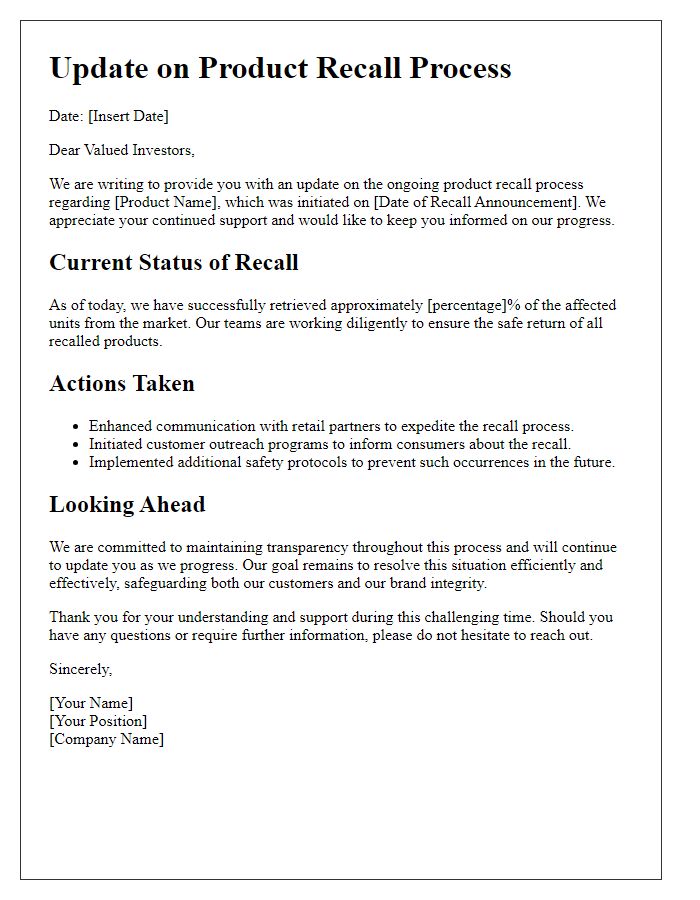 Letter template of update on product recall process for investors