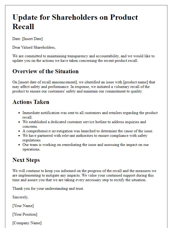 Letter template of update for shareholders on actions taken for product recall