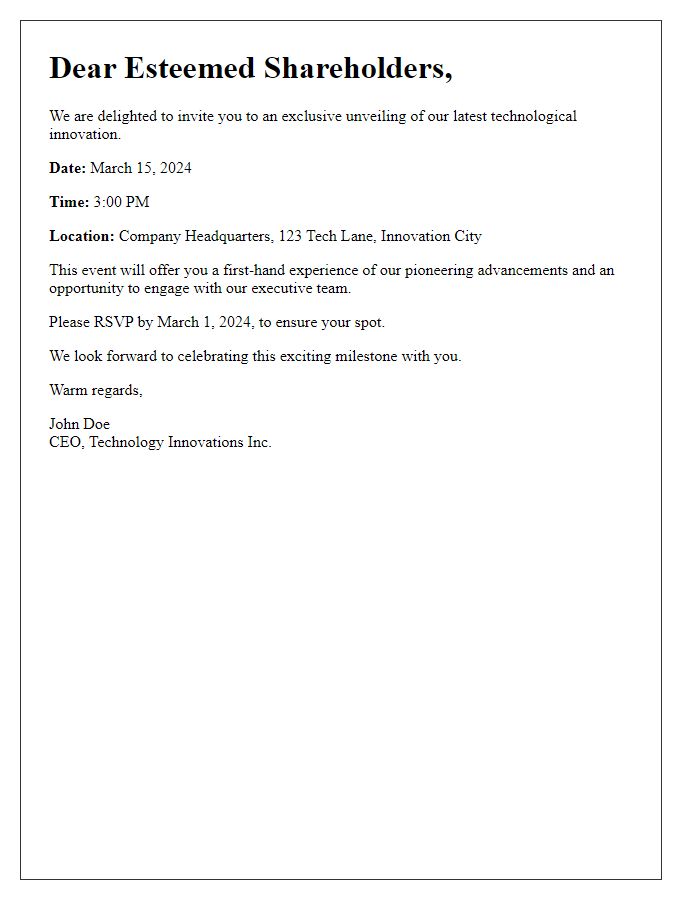 Letter template of cordial invitation for shareholders to the technology unveiling.