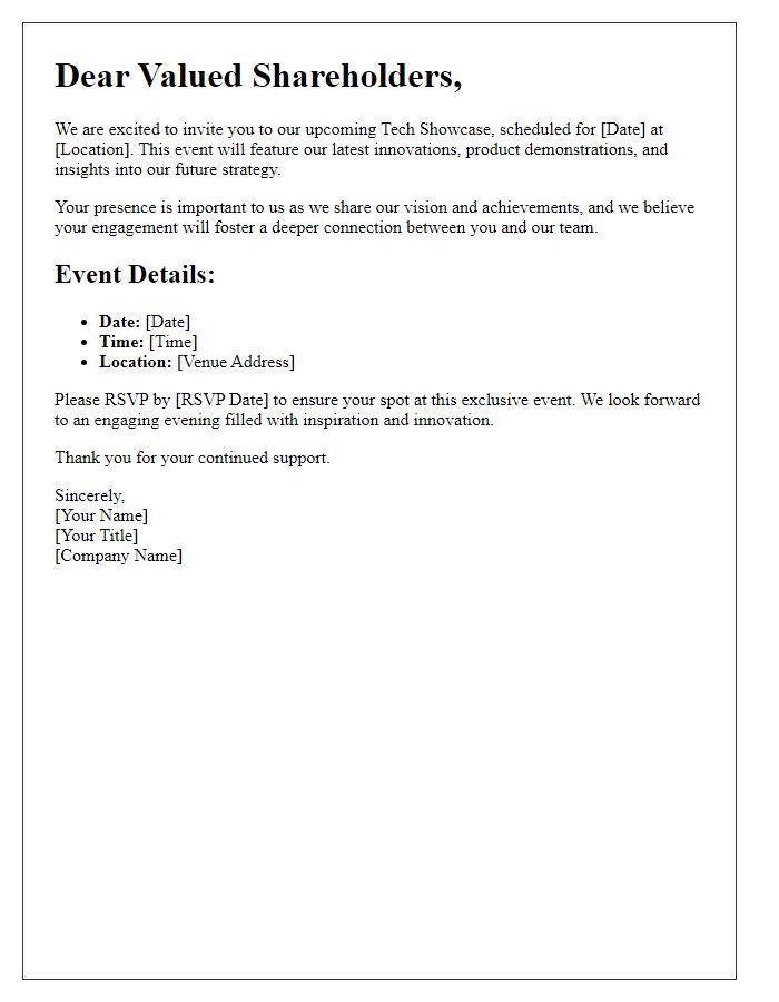 Letter template of engagement for shareholders at our upcoming tech showcase.