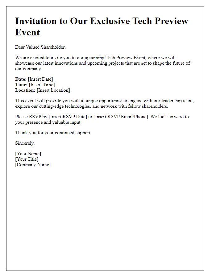 Letter template of engaging shareholders for a tech preview event.