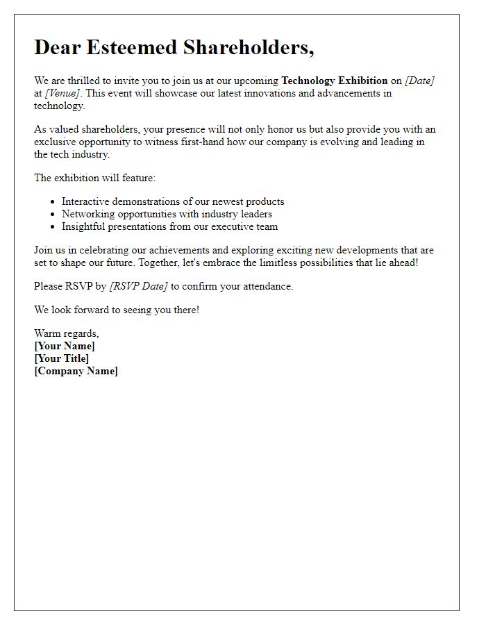 Letter template of excitement for shareholders to join the technology exhibition.