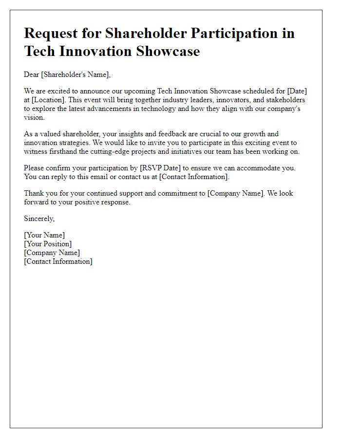 Letter template of request for shareholder participation in the tech innovation showcase.