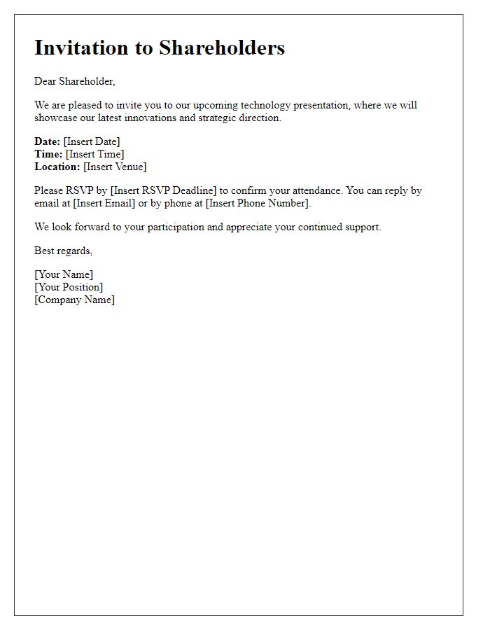 Letter template of RSVP invitation for shareholders to a technology presentation.