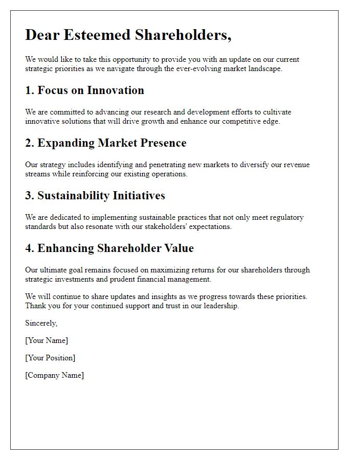 Letter template of shareholder briefing on current strategic priorities.