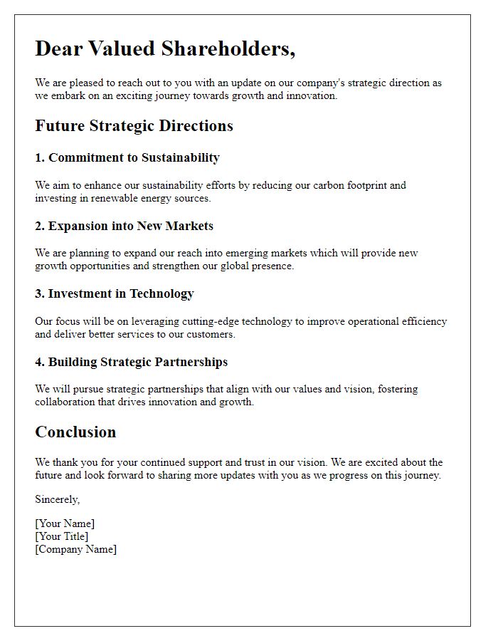 Letter template of shareholder dispatch detailing future strategic directions.