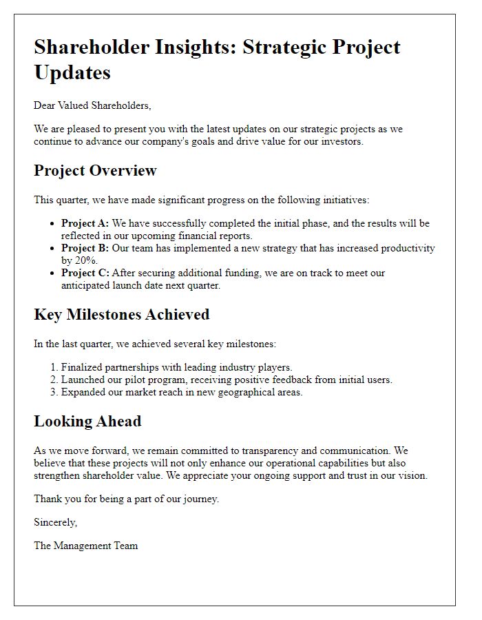 Letter template of shareholder insights covering strategic project updates.