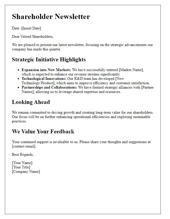 Letter template of shareholder newsletter focusing on strategic advancements.